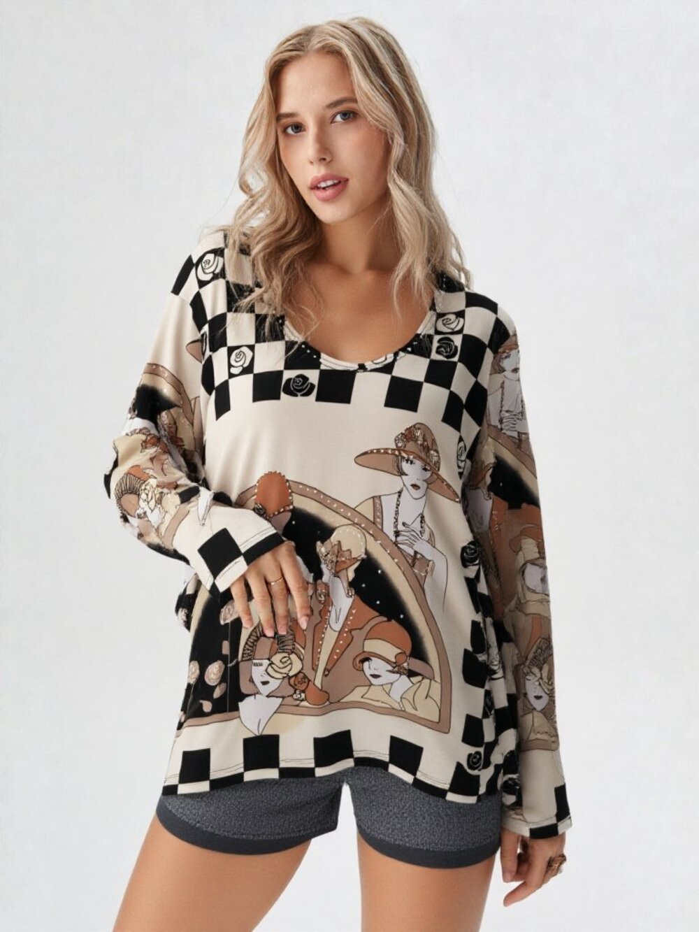 Vintage Valentina Art-Deco Checkerboard Women's Blouse Size Large